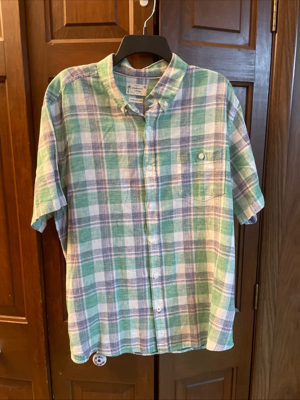 Weatherproof Green, White and Lavender Plaid Short-Sleeve Button-Down Shirt
